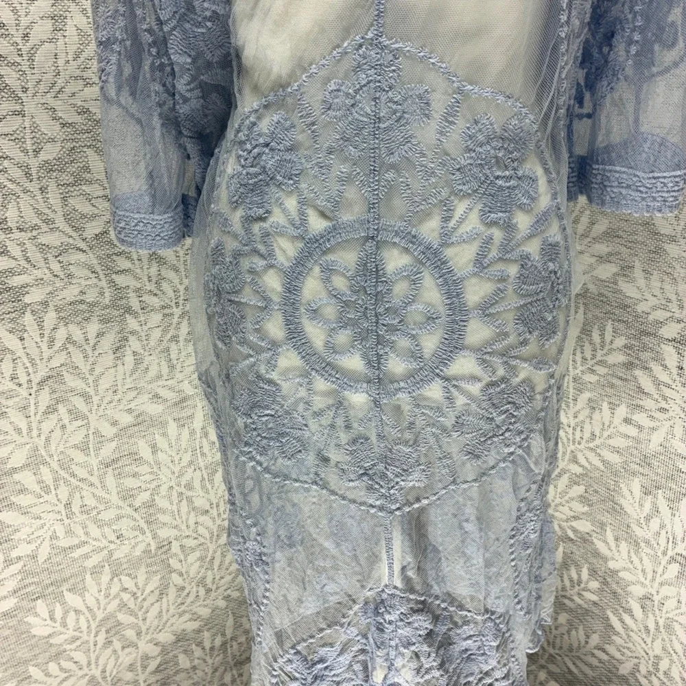 IndigoPoppy Kimono Duster Women S/M Blue Floral Lace Mesh Embroidered Boho Fairy